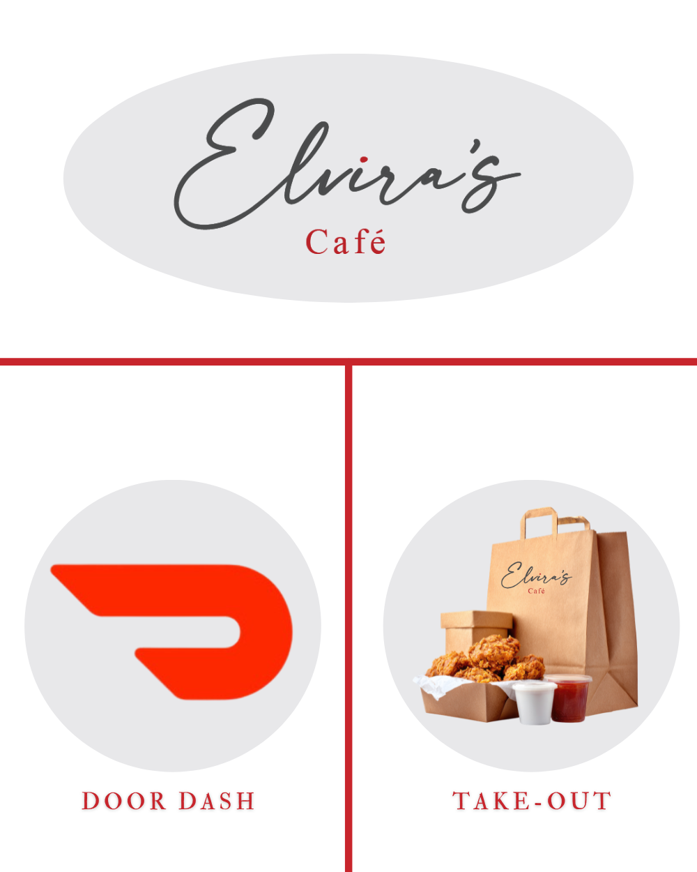 Elvira’s Café logo with DoorDash and takeout order icons
