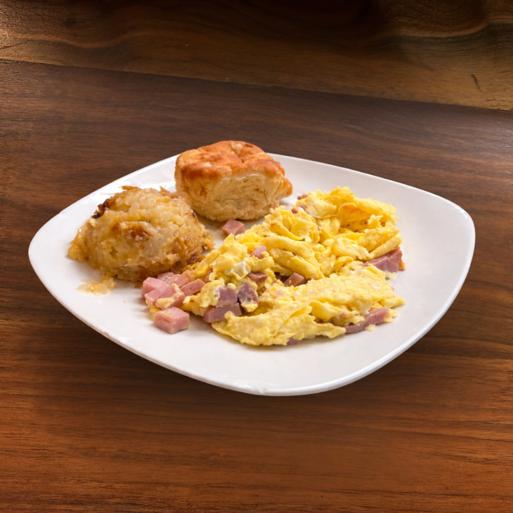 Ham Scrambler with Hash Brown Casserole and Biscuit