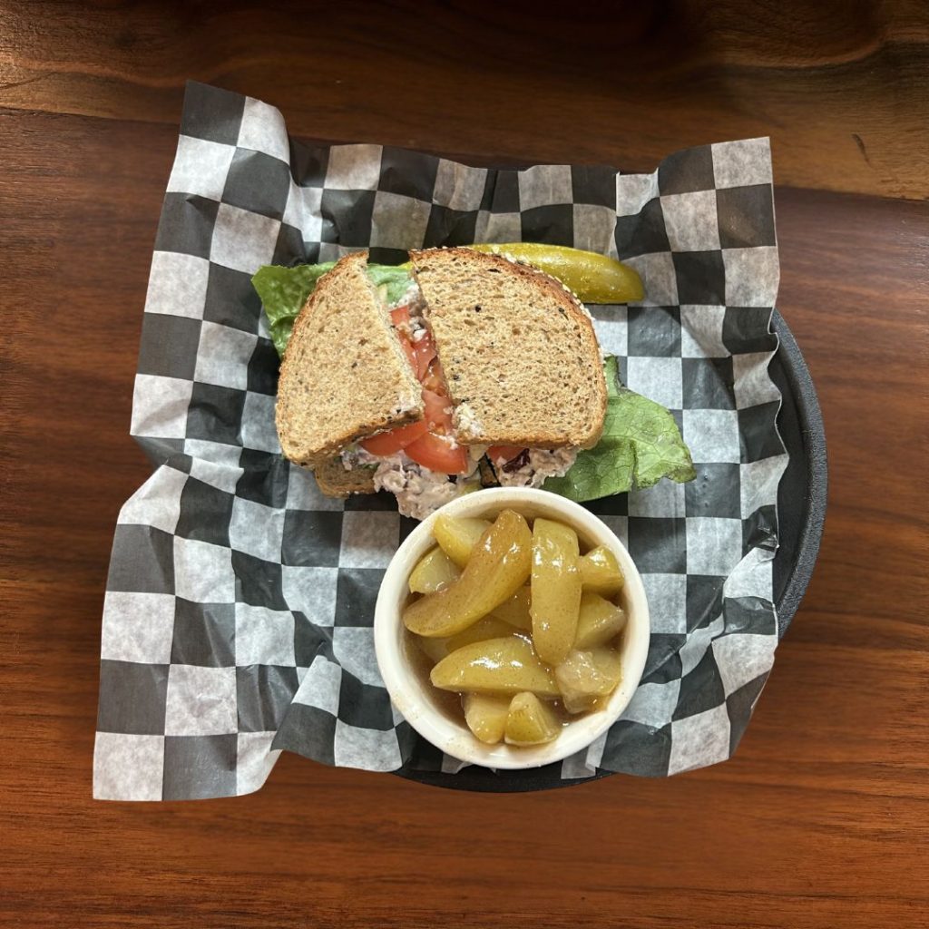 Summer chicken salad sandwich with fried apples