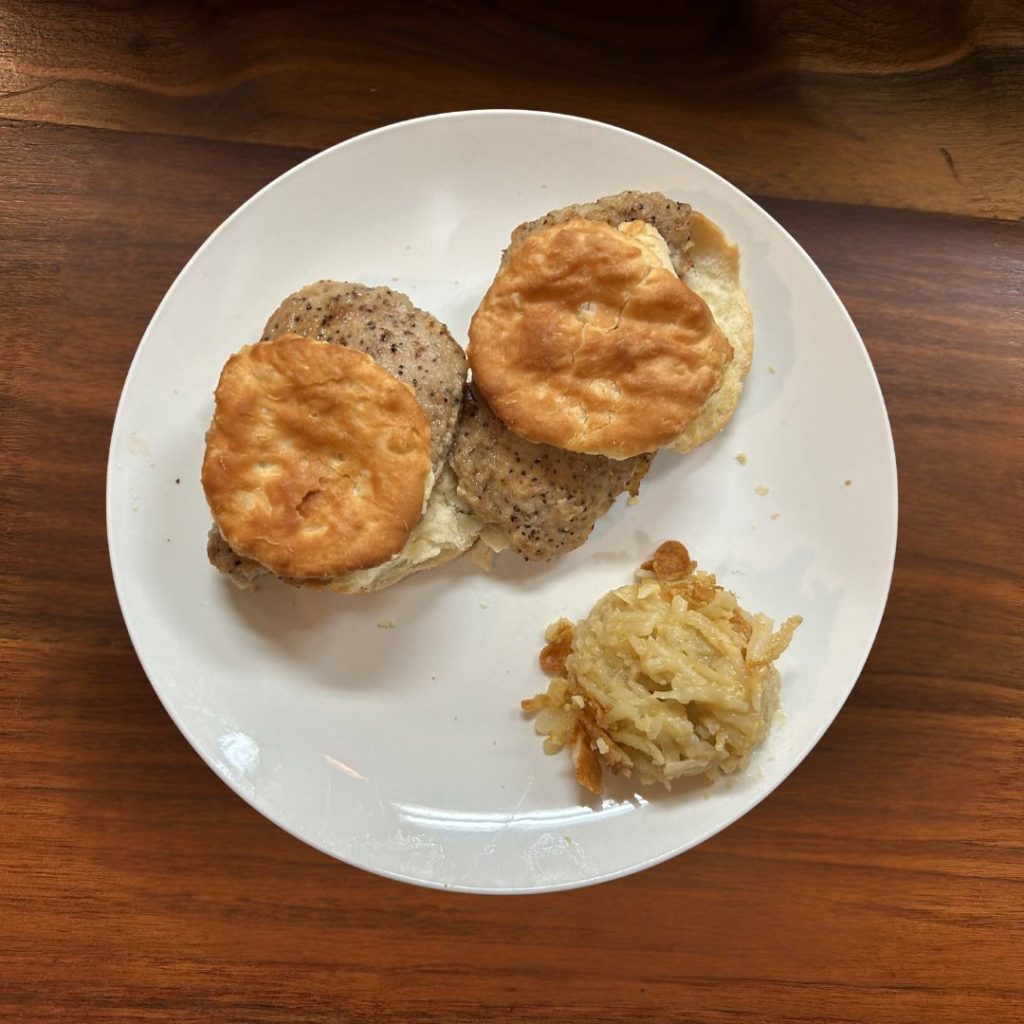 Tenderloin biscuit with hash brown casserole